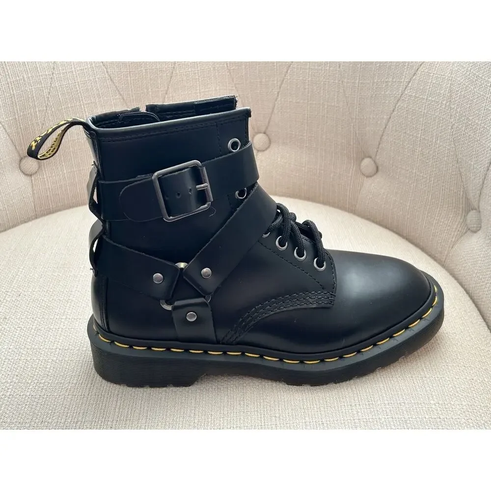 Dr Martens Unisex Sz 5 Cristofor Black Leather Harness Buckle Lace-up Boots NWOT